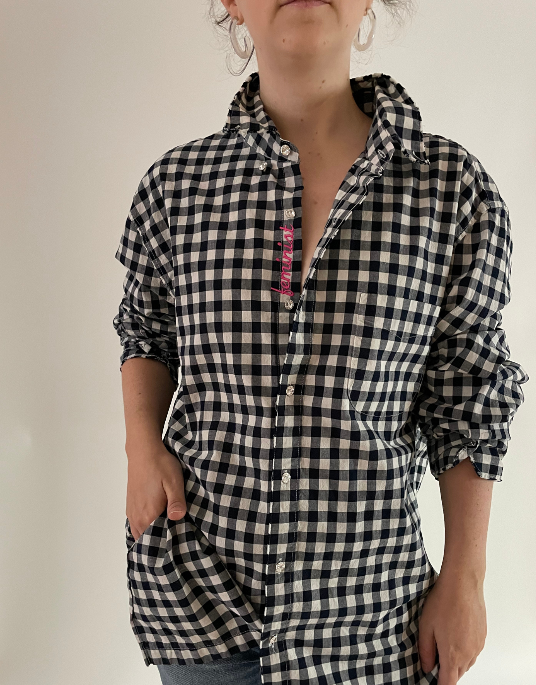 Feminist Black Check Upcycled Embroidered Shirt