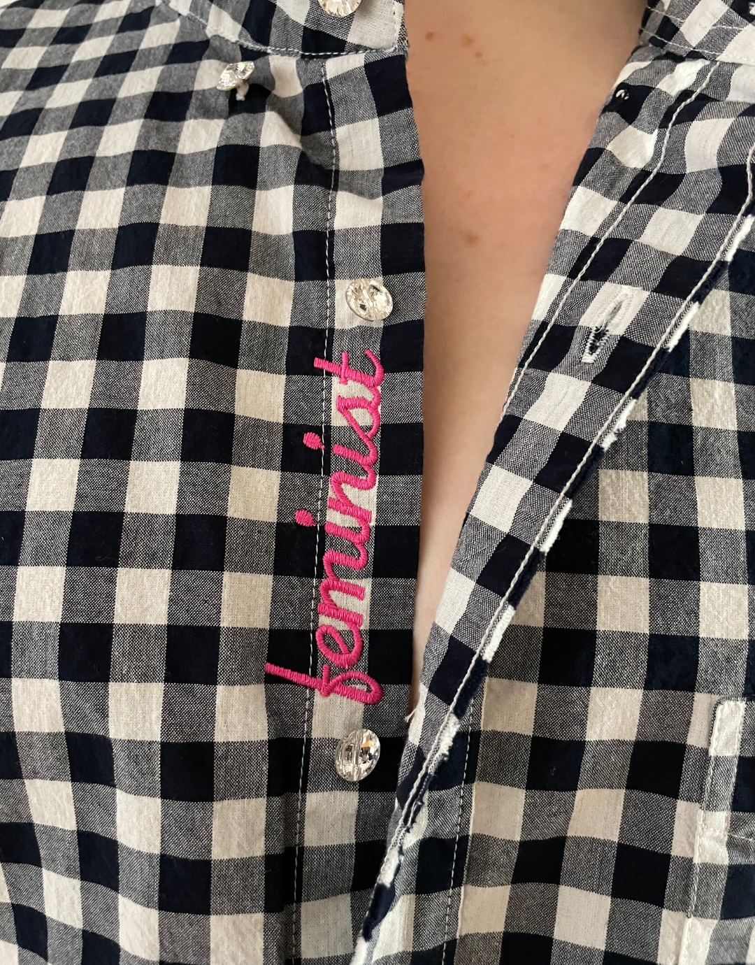 Feminist Black Check Upcycled Embroidered Shirt