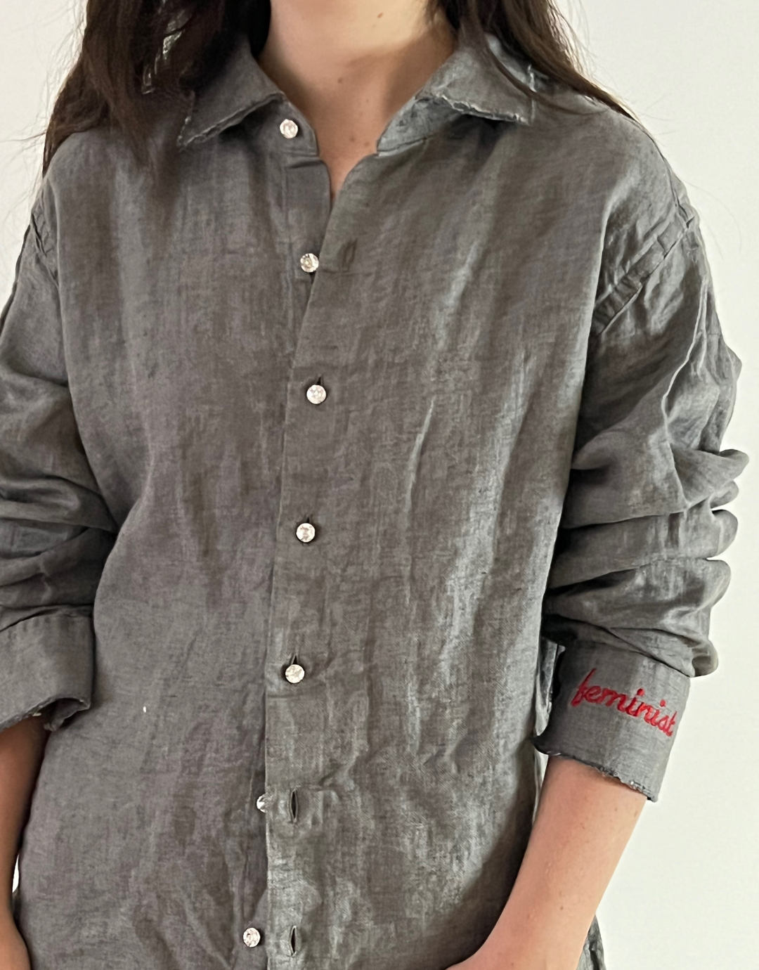 Feminist Linen Upcycled Embroidered Shirt