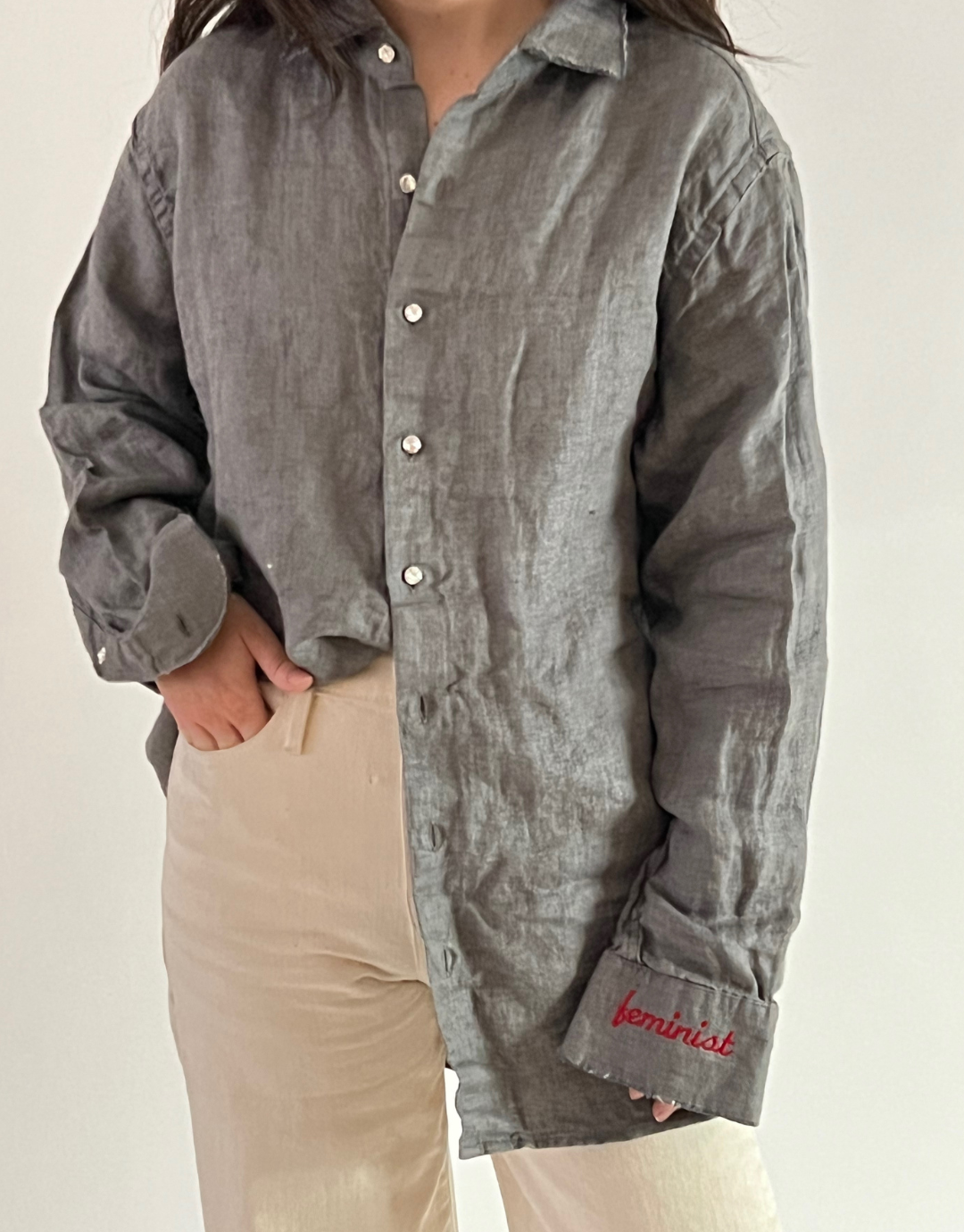 Feminist Linen Upcycled Embroidered Shirt