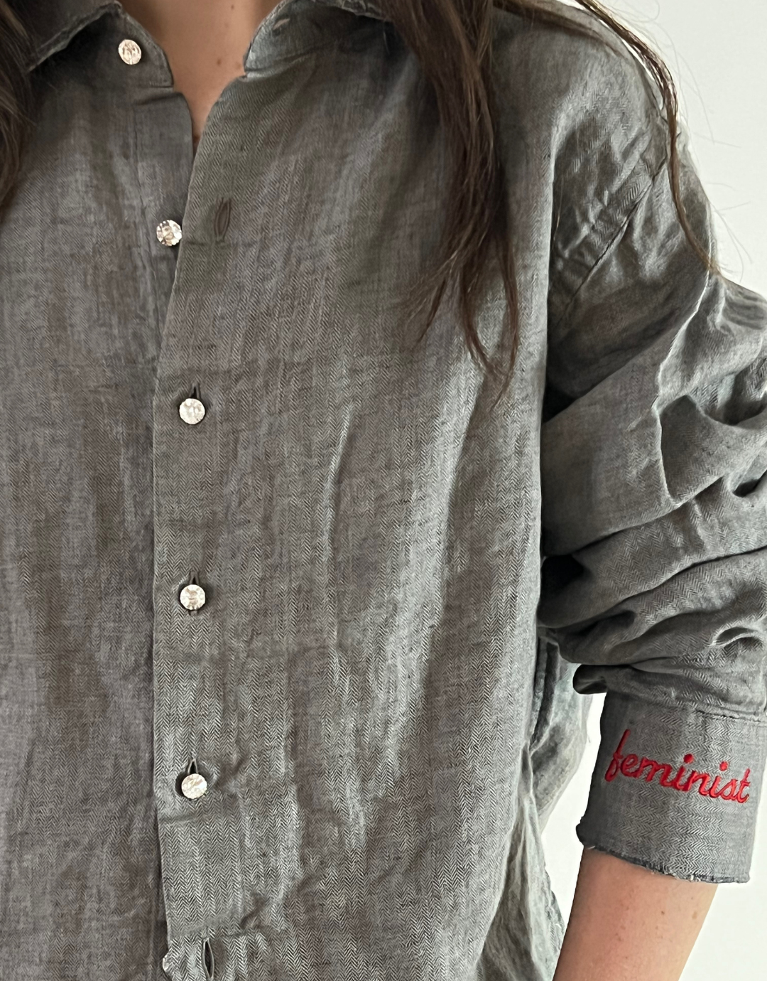 Feminist Linen Upcycled Embroidered Shirt