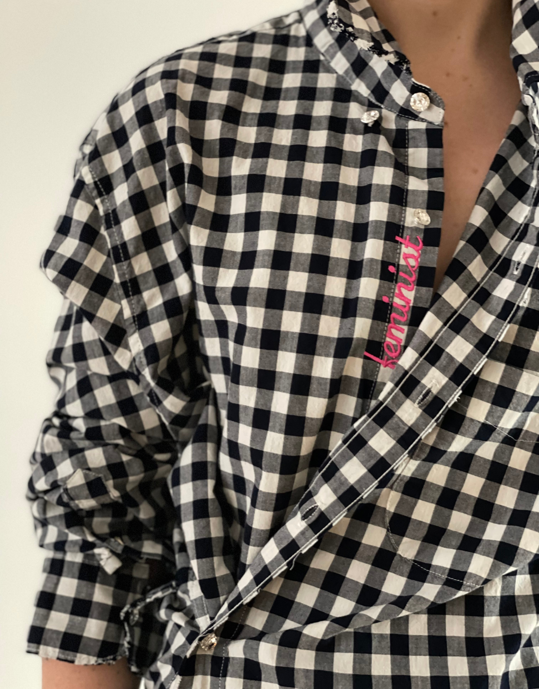 Feminist Black Check Upcycled Embroidered Shirt